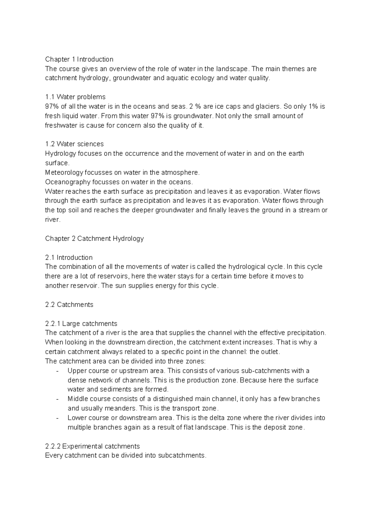Summary Water 1 - Chapter 1 Introduction The course gives an overview ...