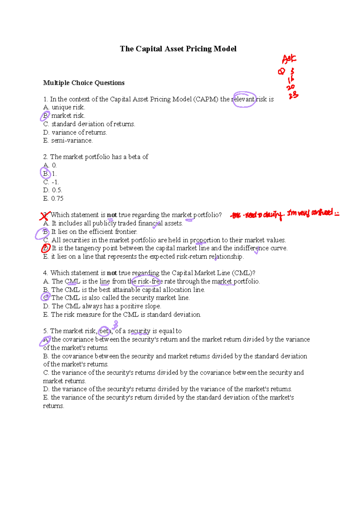 Week 5 CAPM Questions - The Capital Asset Pricing Model Multiple Choice ...