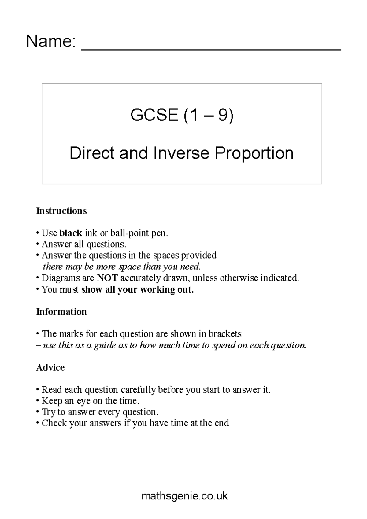 7 direct and inverse proportion - GCSE (1 – 9) Direct and Inverse ...