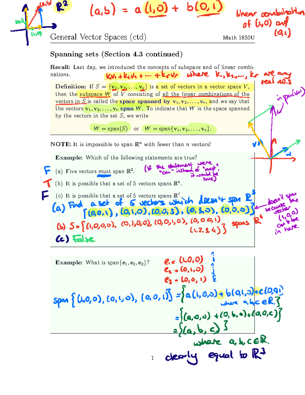 1850 Lecture 12 Done - General Vector Spaces (ctd) Math 1850U Spanning ...