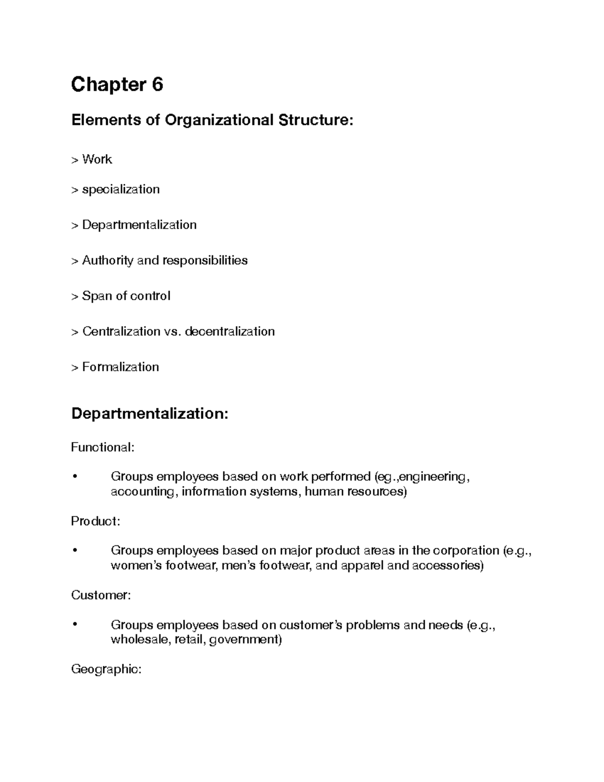 Chapter 6 summary - Management - Chapter 6 Elements of Organizational ...