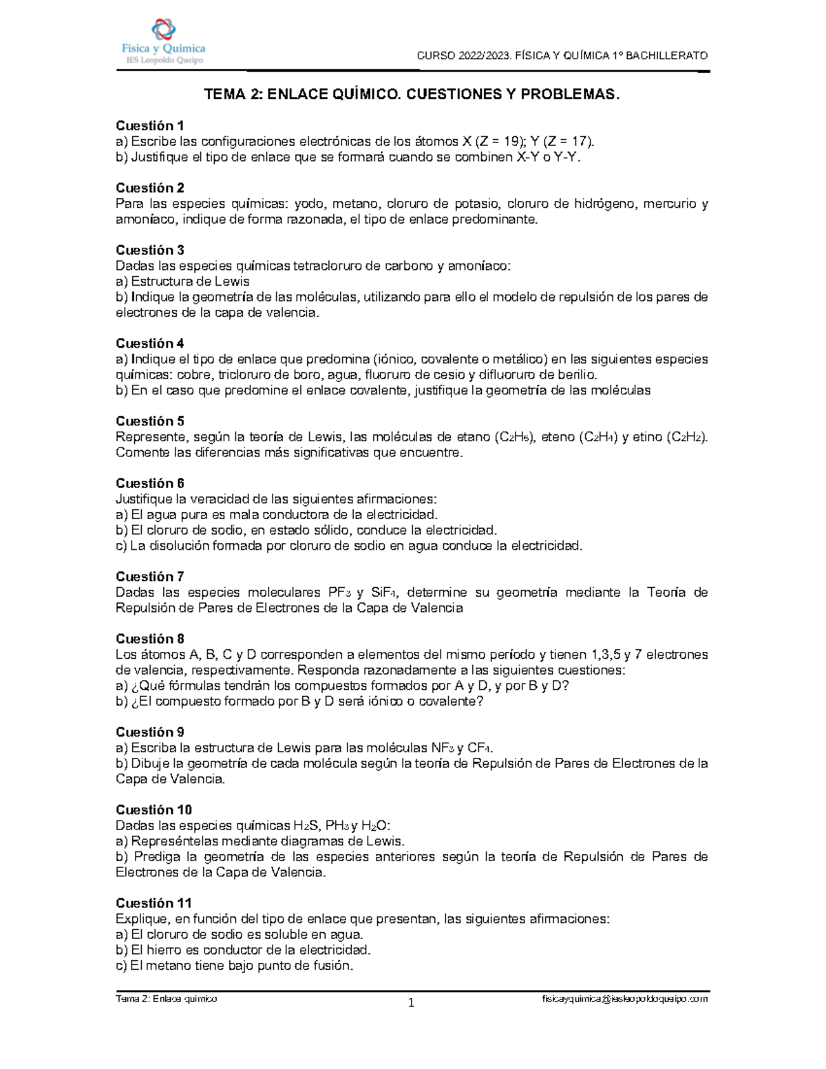 Tema 2 Enlace Químico Cuestiones Y Problemas Curso 2022 2023 FÍsica