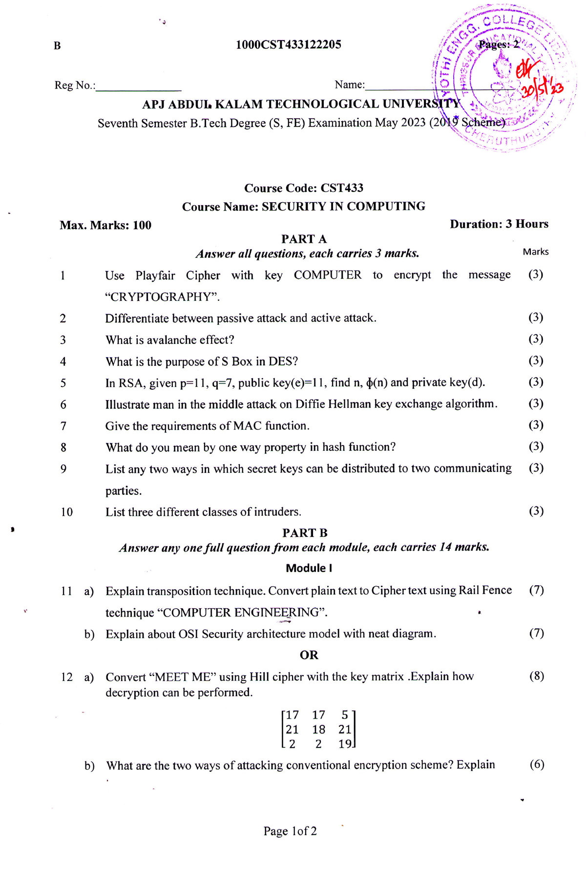 CST433 Security IN Computing, MAY 2023 - B Reg No.: 1000csT APJ ABDUIT ...