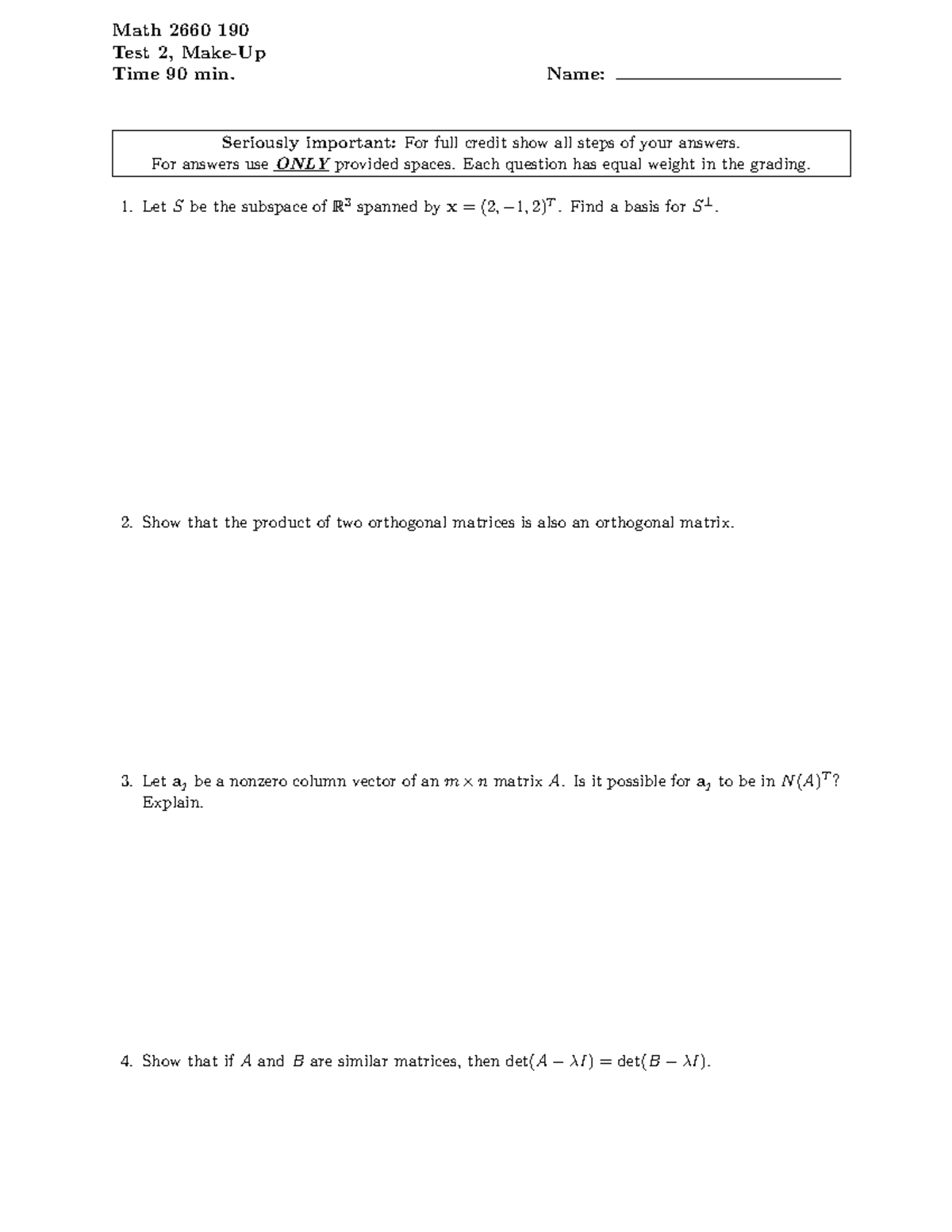 Test 2 - Makeup Summer 19 - Math 2660 190 Test 2, Make-Up Time 90 min ...