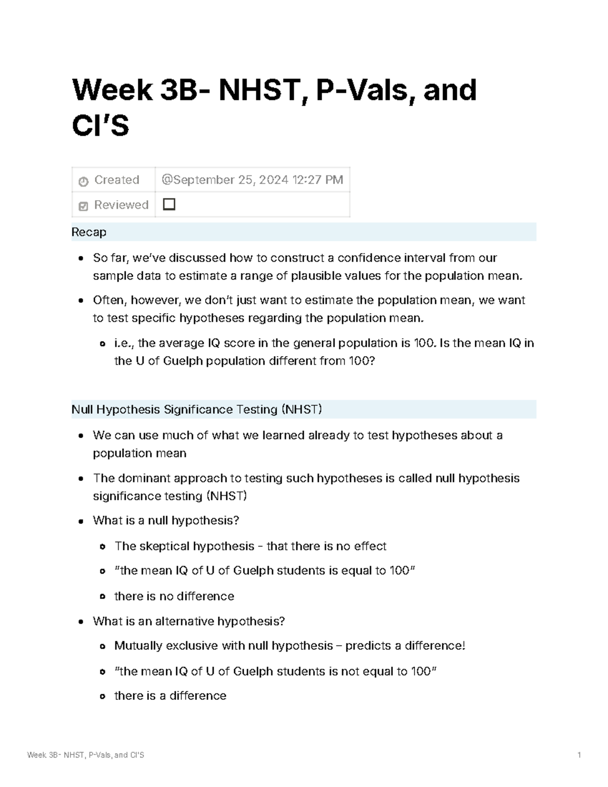 NHST, p- values, and Confidence Intervals Notes - Week 3B- NHST, P-Vals ...