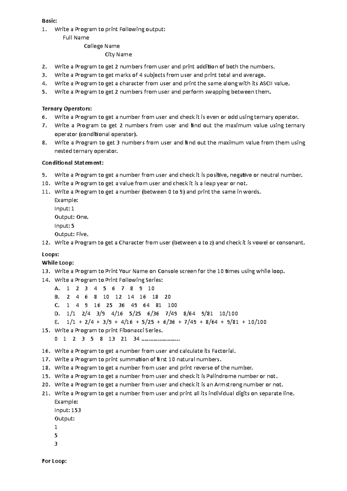 C Programming Practice Questions - Basic: Write a Program to print ...