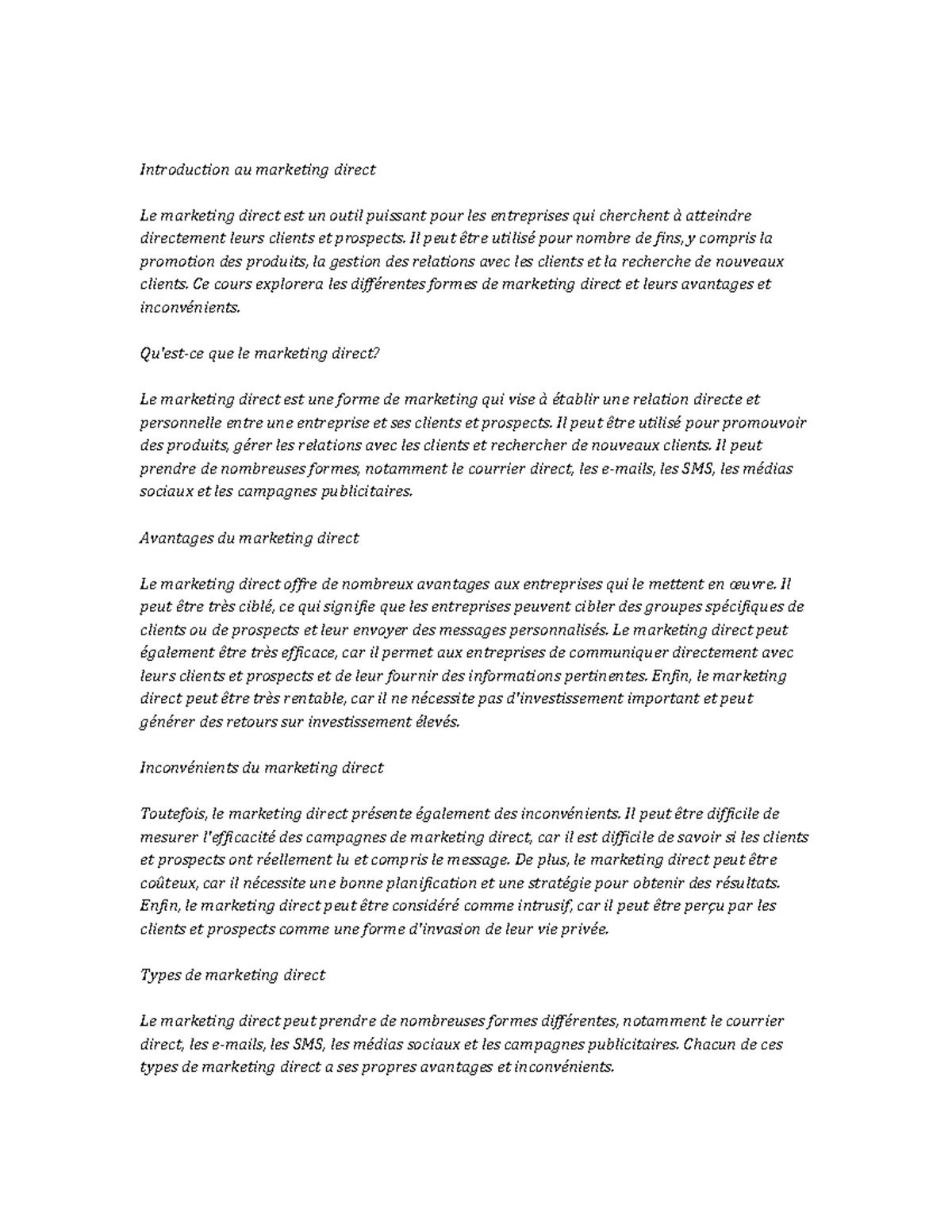 Direct marketing Study Notes - Introduction au marketing direct Le ...
