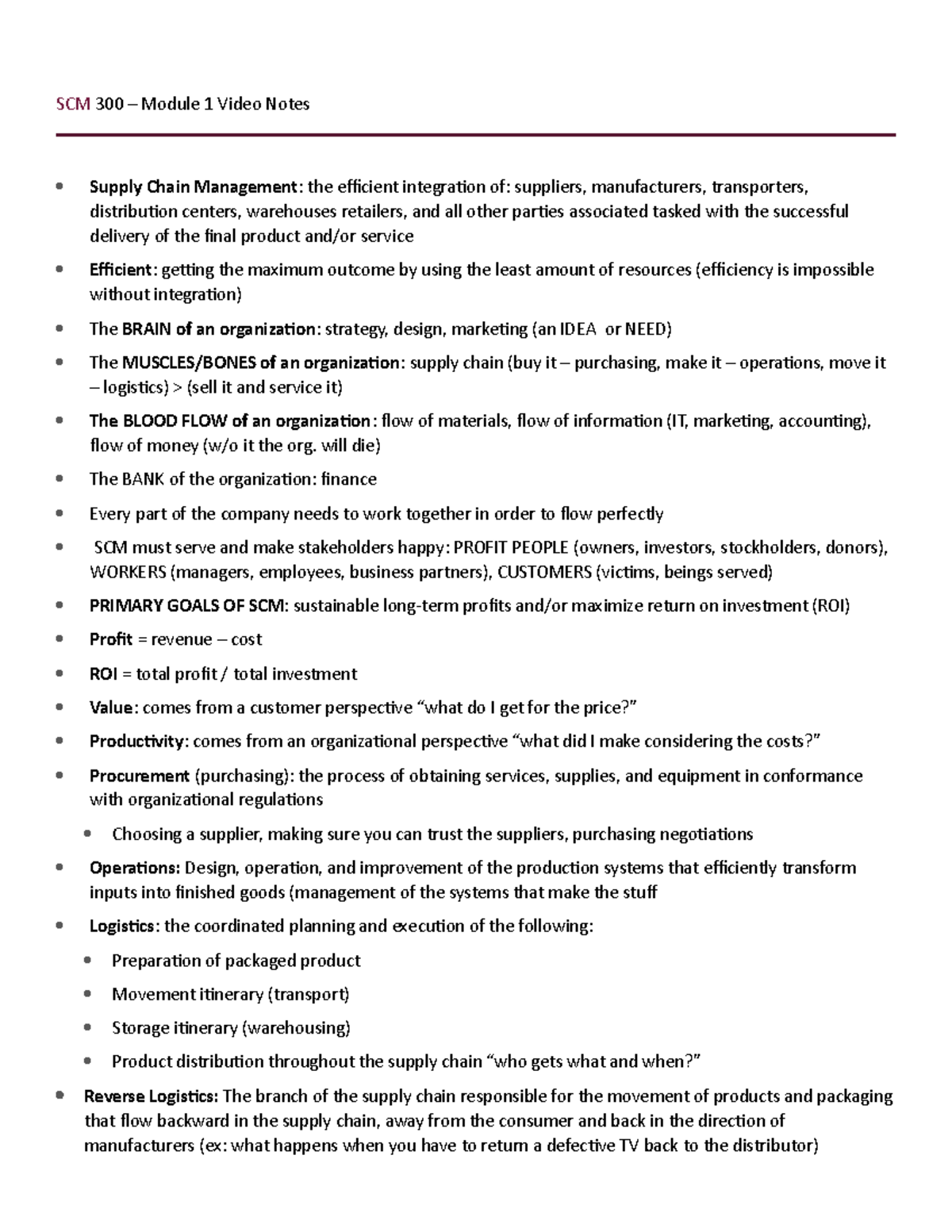 SCM 300 Module 1 - Notes - SCM 300 – Module 1 Video Notes Supply Chain ...