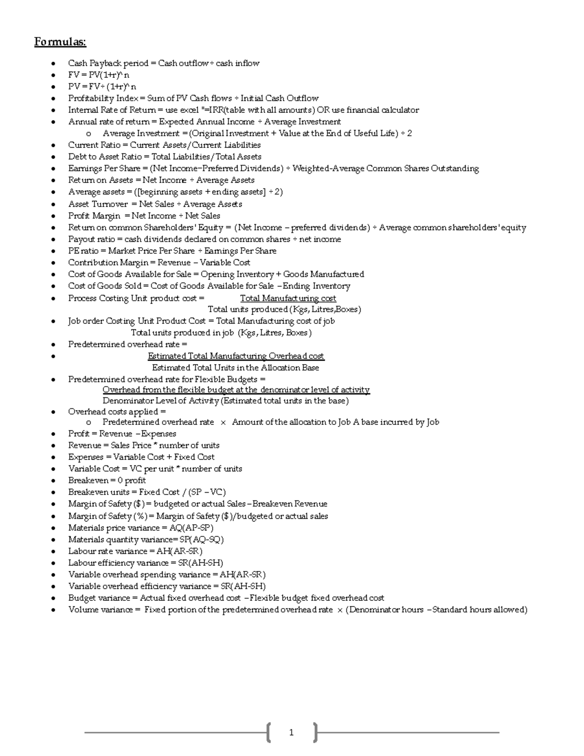 Formula Sheet - 1 Formulas: Cash Payback period = Cash outflow÷ cash ...