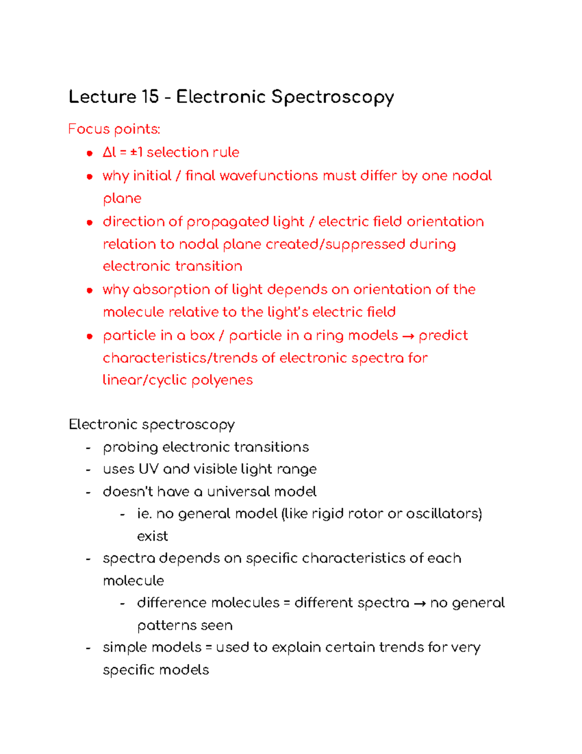 Lecture 15-18 - Lecture 15 - Electronic Spectroscopy Focus Points: Δl ...