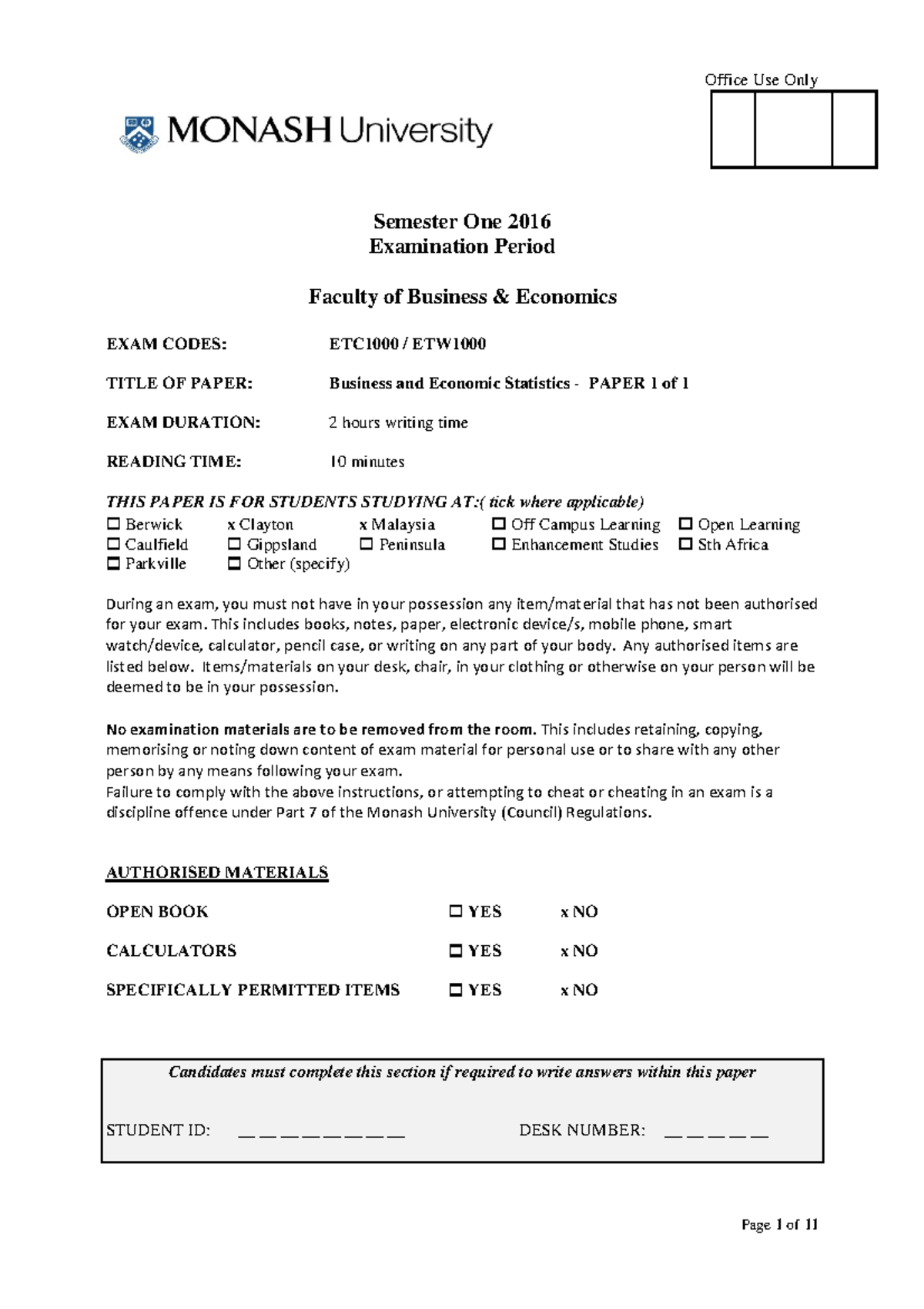 Exam 2016 Etc1000 Business And Economic Statistics Studocu