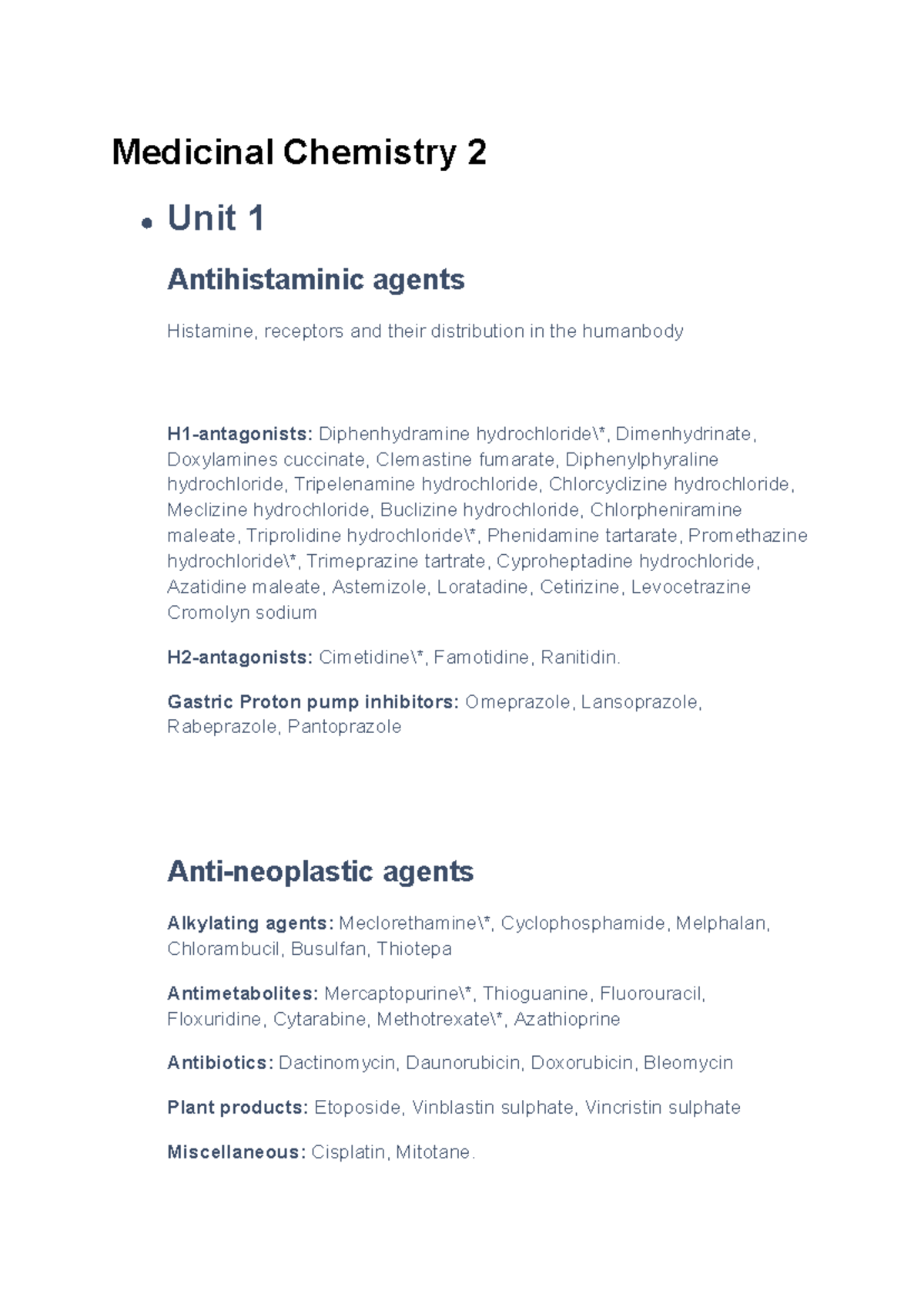 Syllabus - Google Docs - Medicinal Chemistry 2 Unit 1 Antihistaminic ...