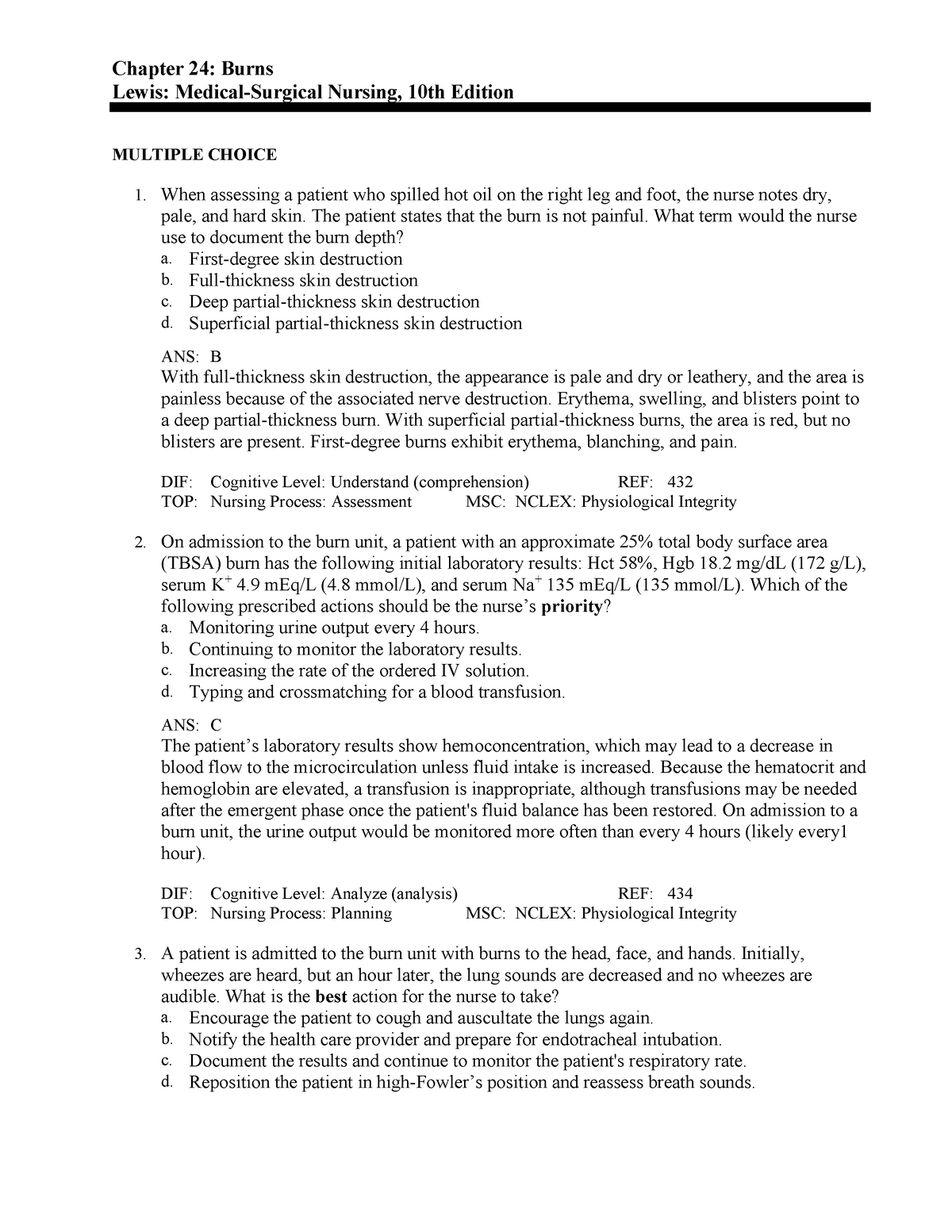 Chapter 24 Burns With Practice Questions Chapter 24 Burns Lewis Medical Surgical Nursing 8021