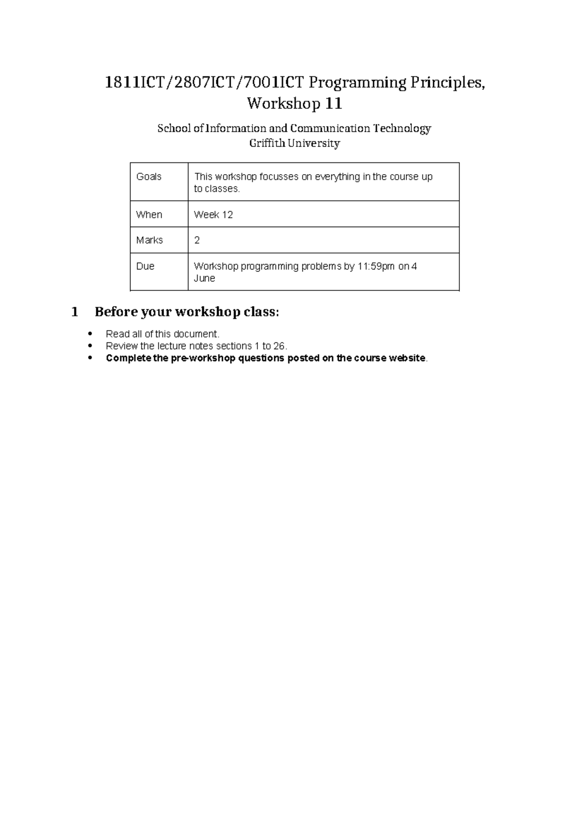 WS11 - week 11 - 1811ICT/2807ICT/7001ICT Programming Principles ...