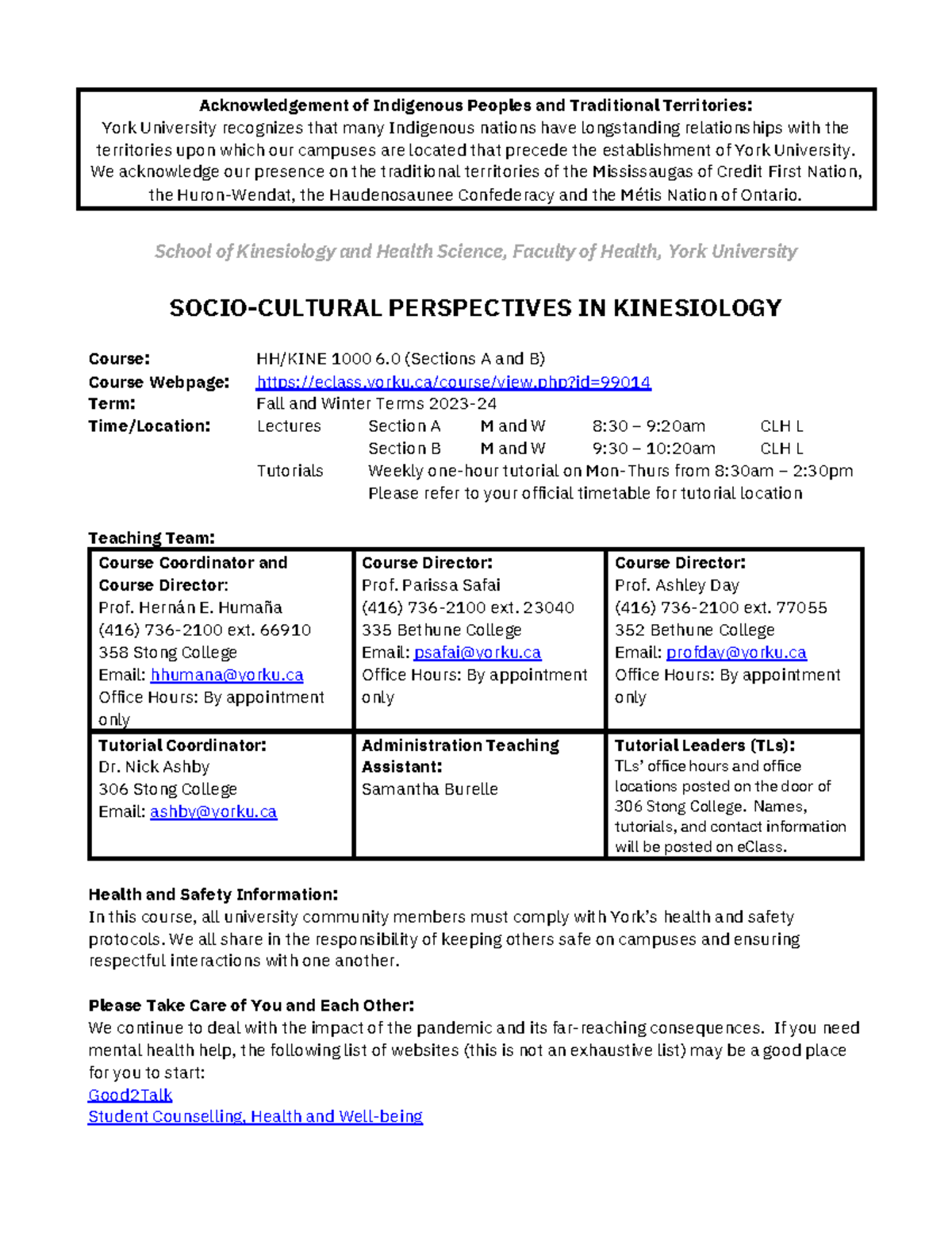 KINE 1000 Syllabus - Acknowledgement of Indigenous Peoples and ...