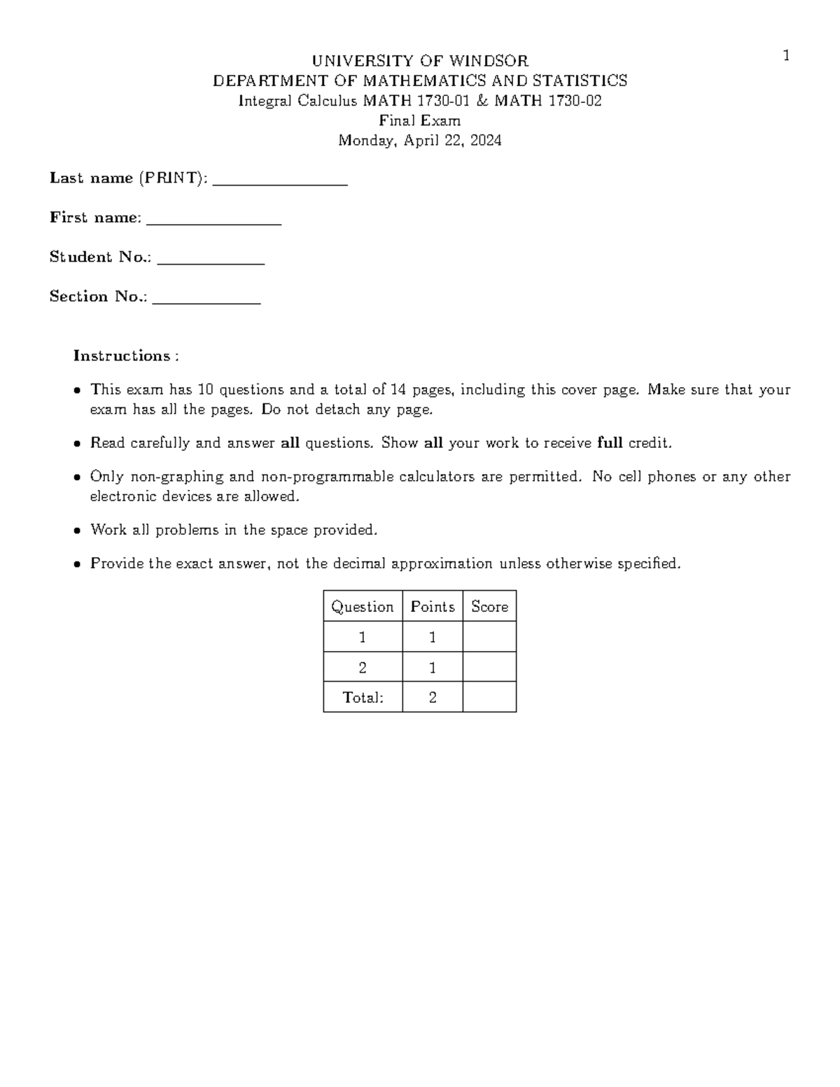 Formulas ygyu UNIVERSITY OF WINDSOR 1 DEPARTMENT OF MATHEMATICS AND