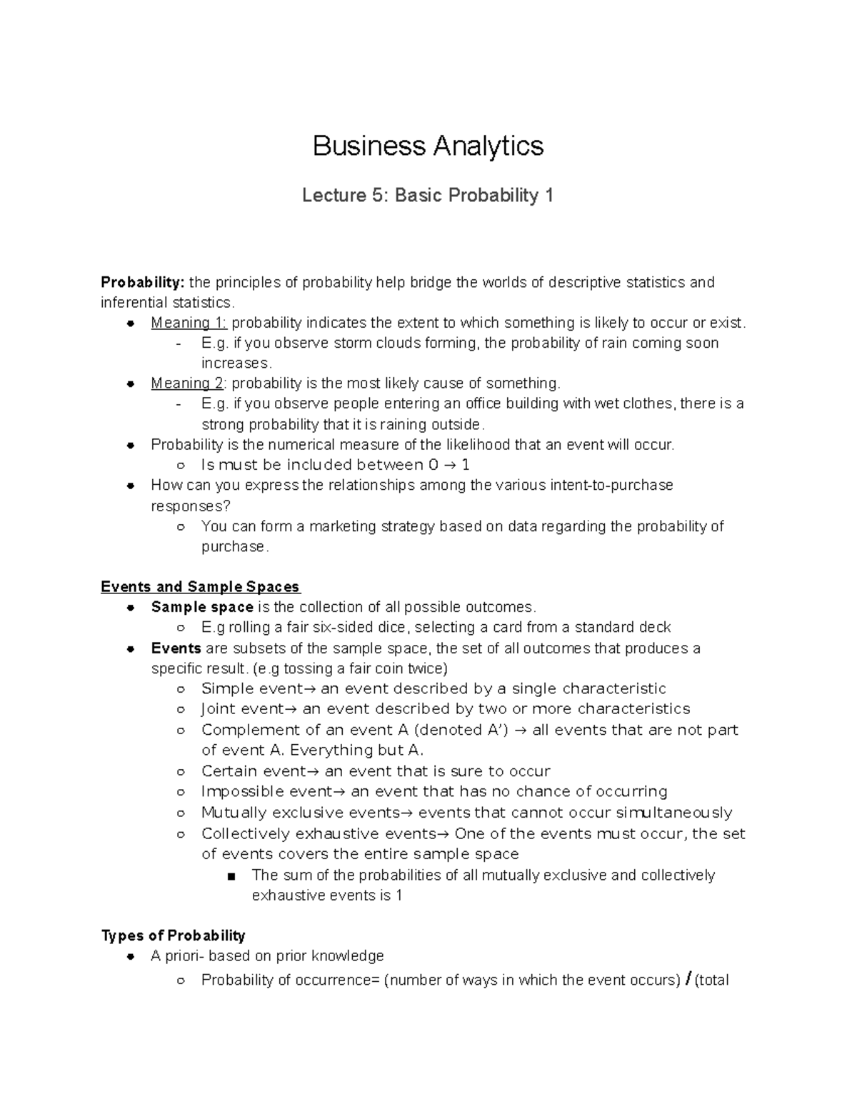 Lecture 5 Basic Probability 1 - Business Analytics Lecture 5: Basic ...