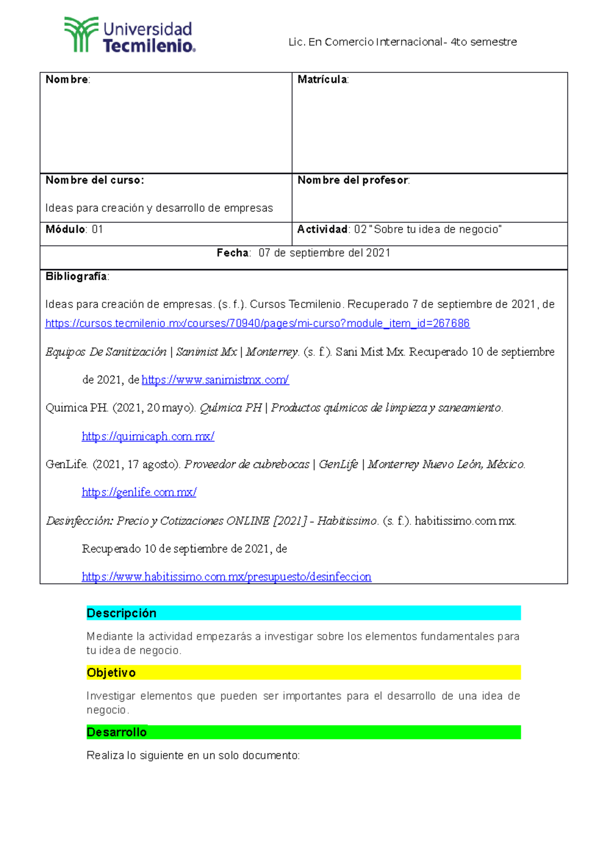 Actividad 2 ideas para la creacion de nuevas empresas - Lic. En ...