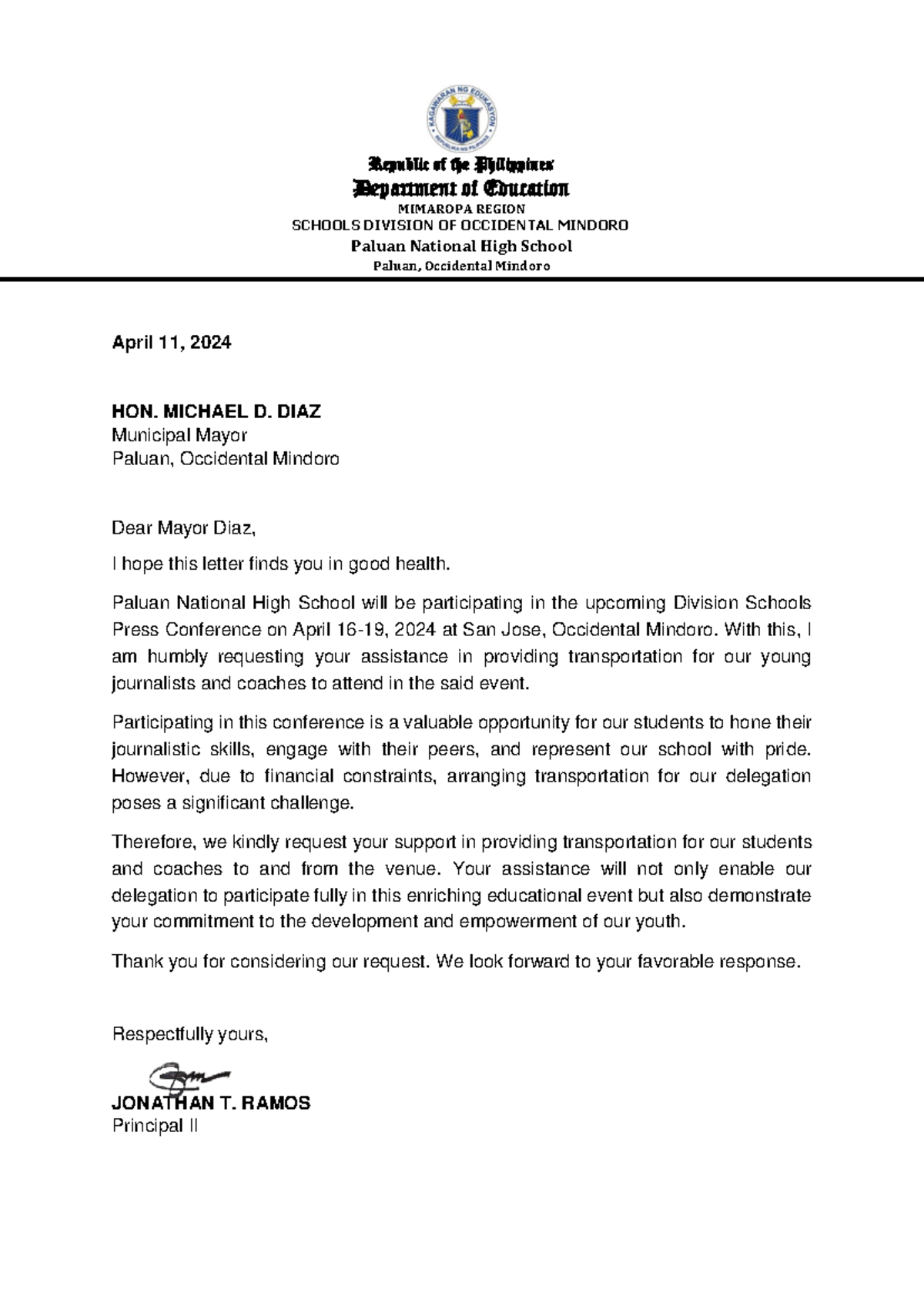 Request letter DSPC - Republic of the Philippines Department of ...