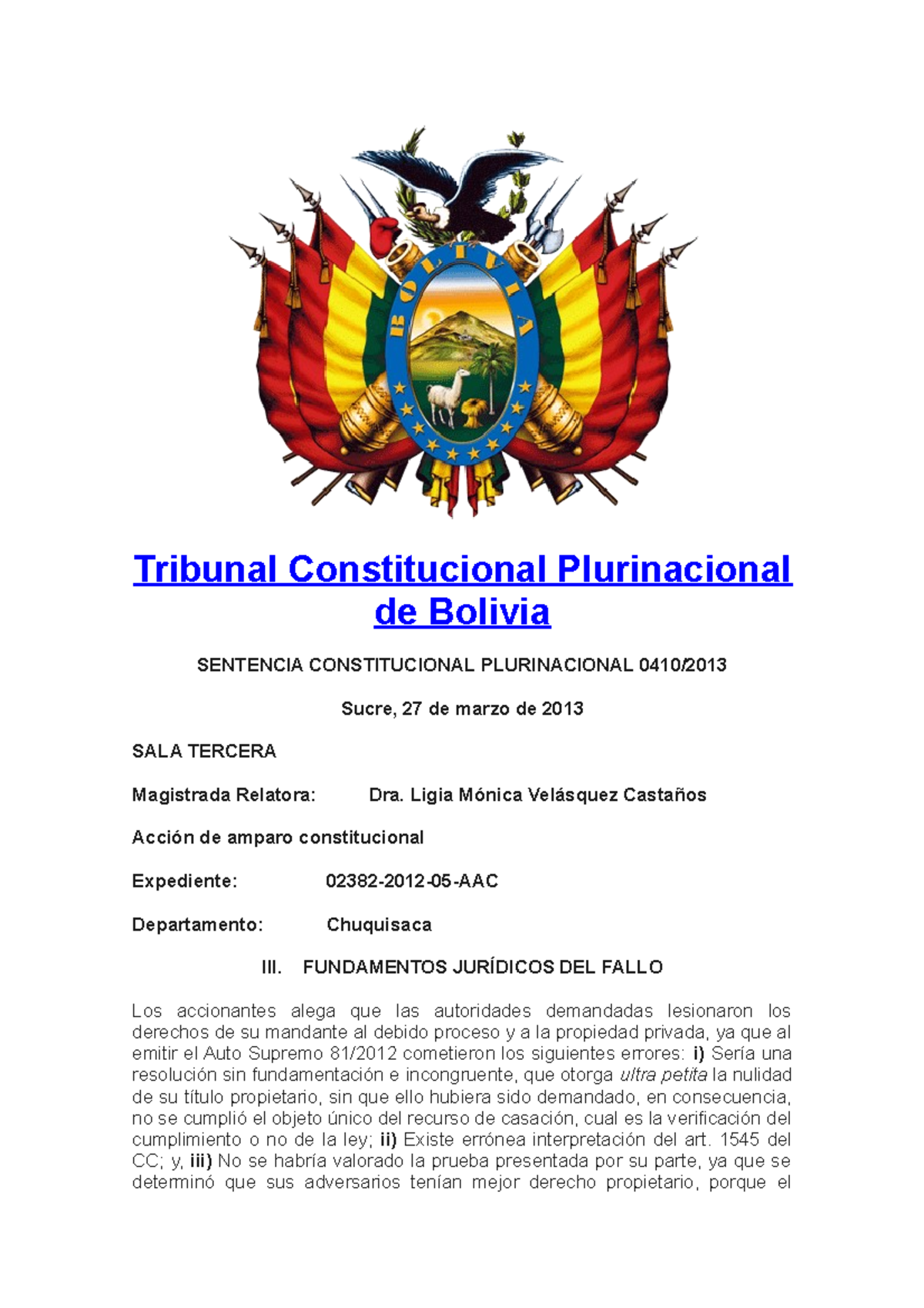 Ss1 - Sentencia - Tribunal Constitucional Plurinacional De Bolivia ...