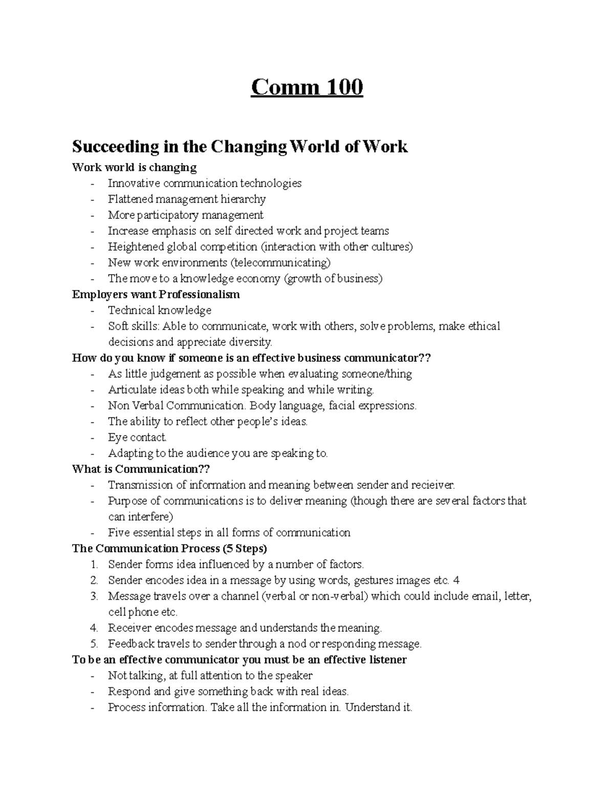 Comm 100 Notes - Comm 100 Succeeding in the Changing World of Work Work ...