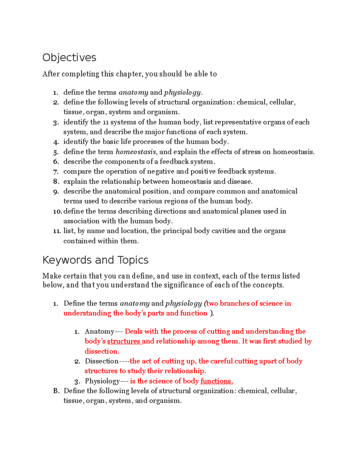 Chapter 1 notes introduction of the human body - Objectives After ...