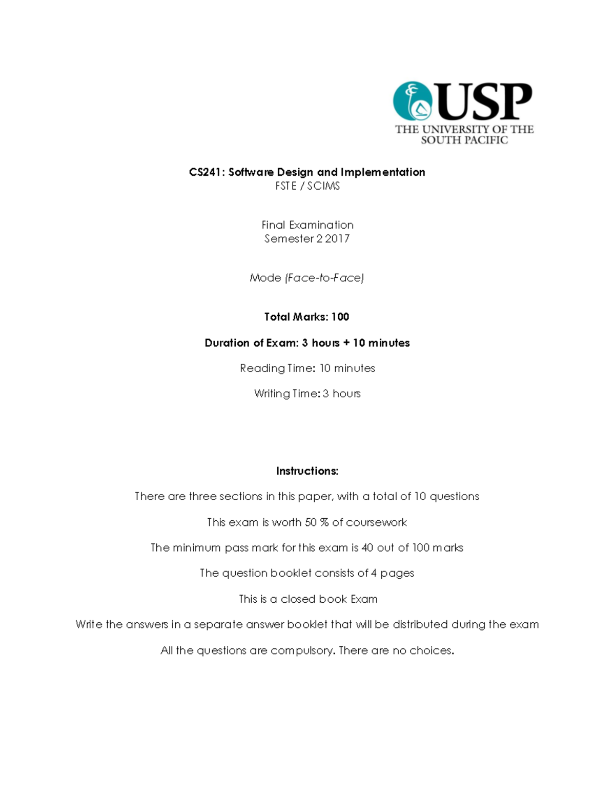 CS241 Exam - Exam paper - CS241: Software Design and Implementation ...