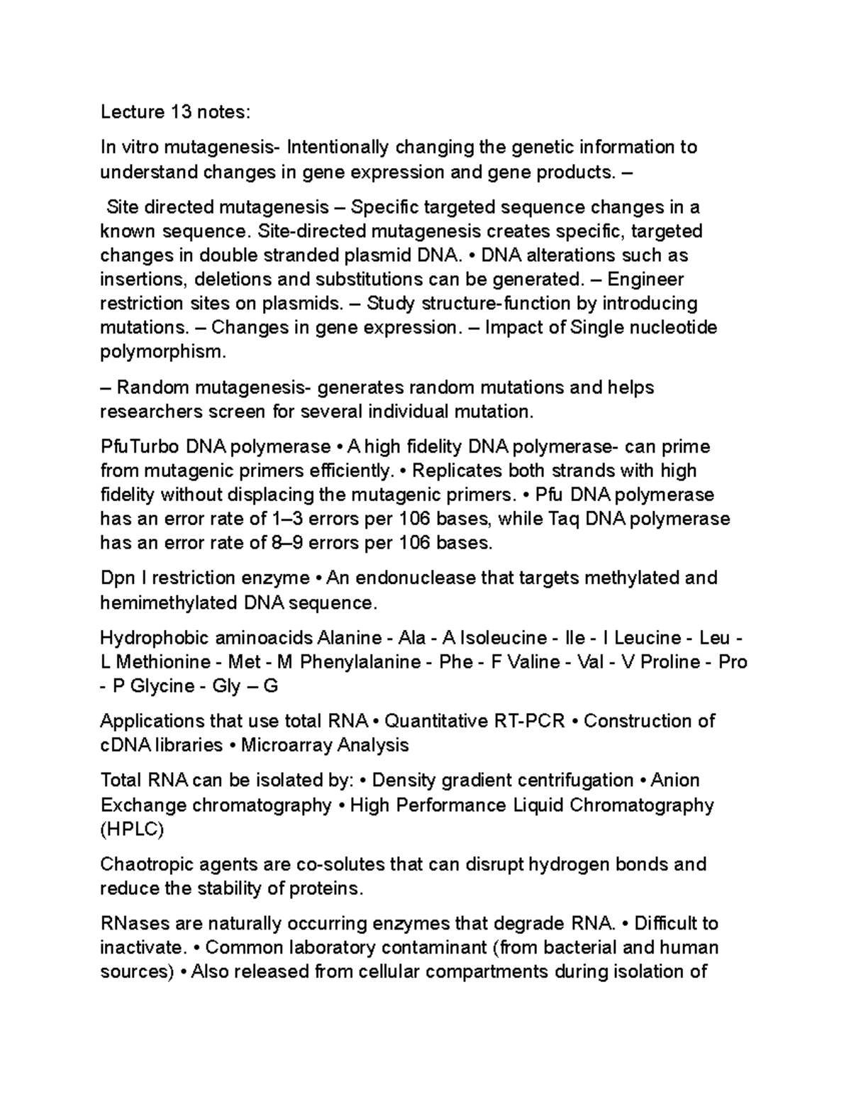 MBM final notes - Lecture 13 notes: In vitro mutagenesis- Intentionally ...