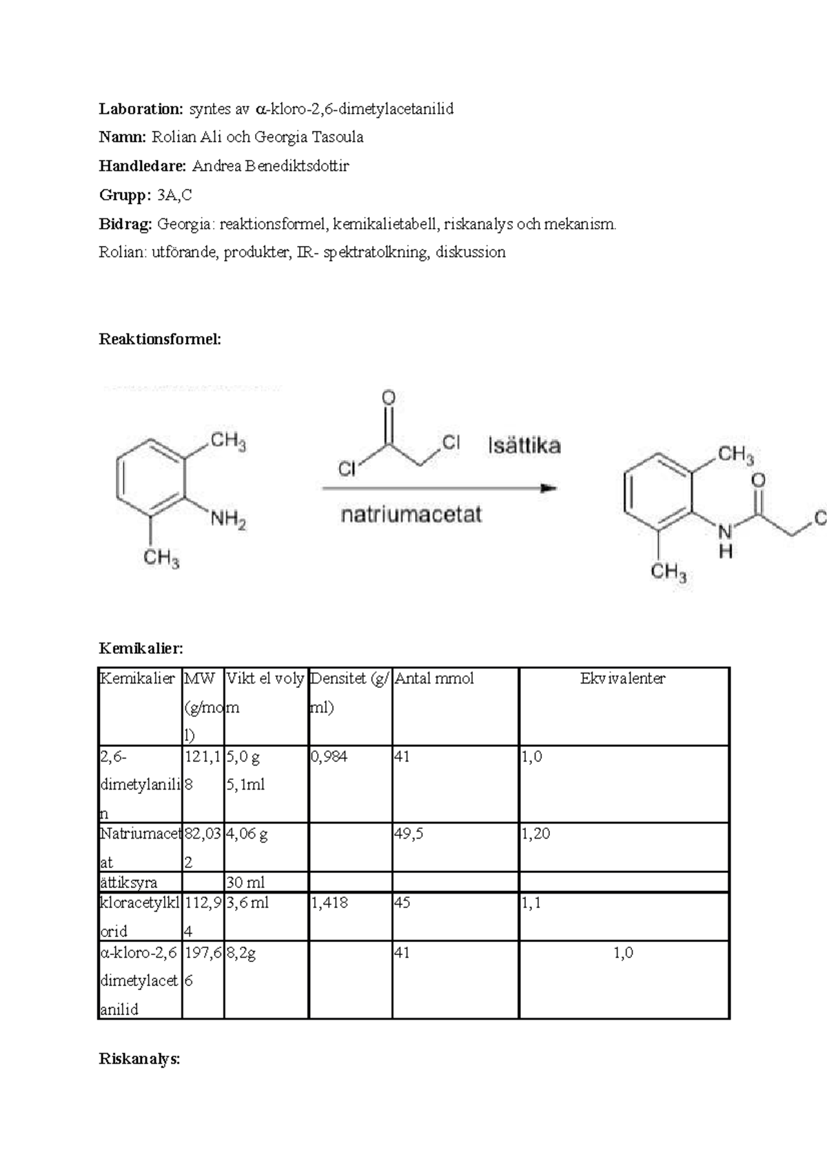 Gruppa,c-labbrap-Inl2 Organisk Kemi - Laboration: Syntes Av -kloro-2,6 ...