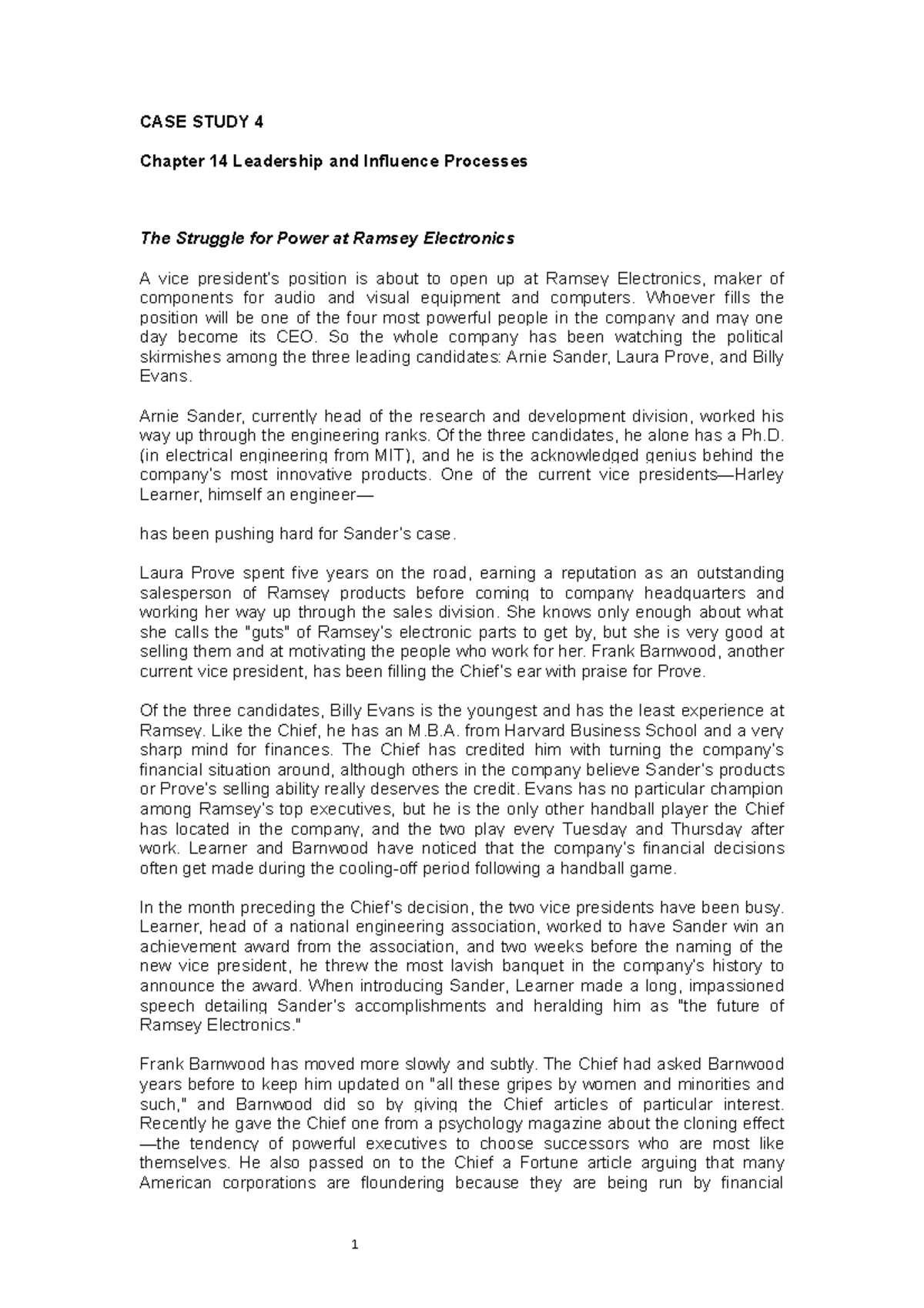 Appendix 4 Chapter 6 Leadership - CASE STUDY 4 Chapter 14 Leadership ...