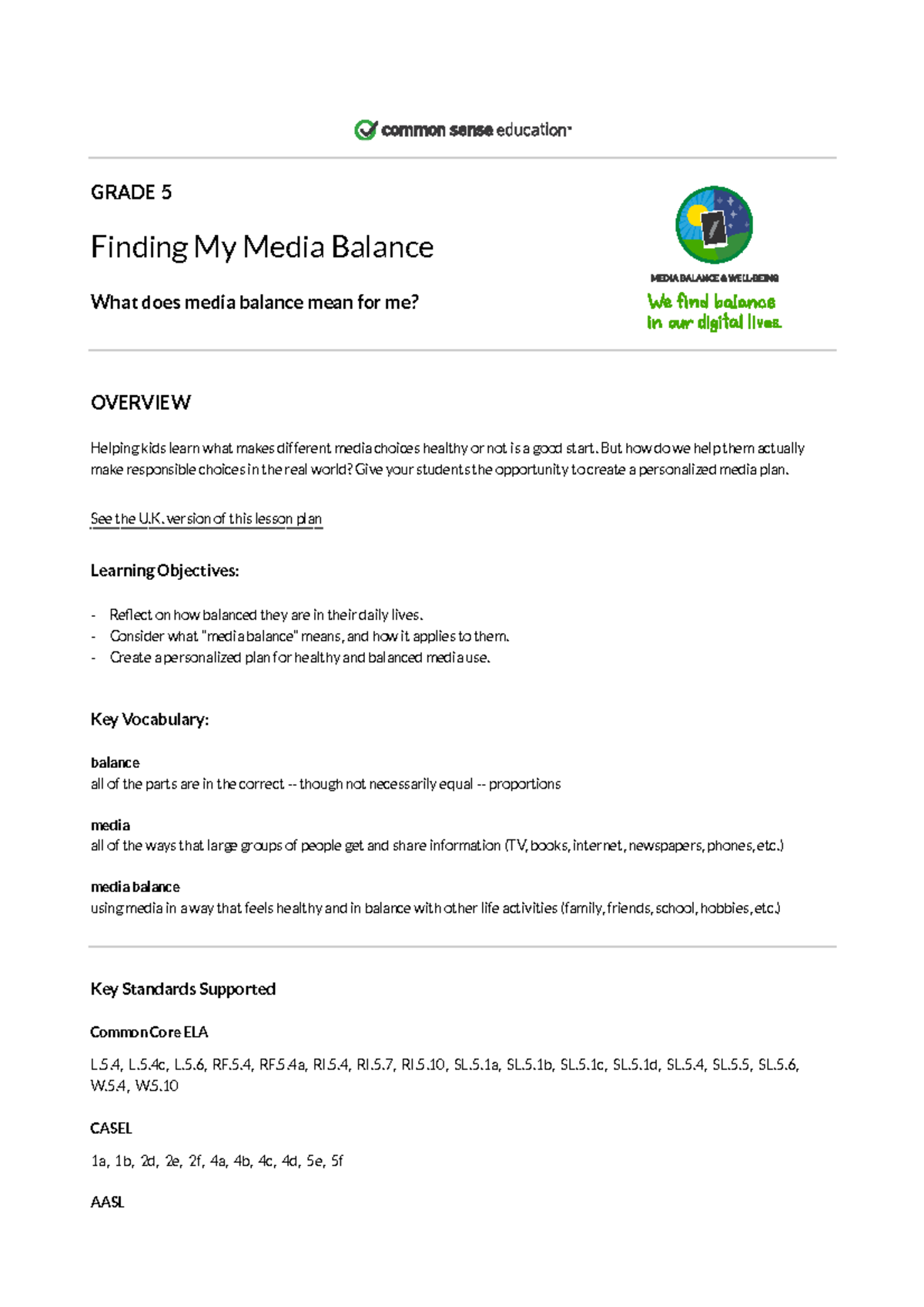 Finding My Media Balance Common Sense Education GRADE 5 Finding My
