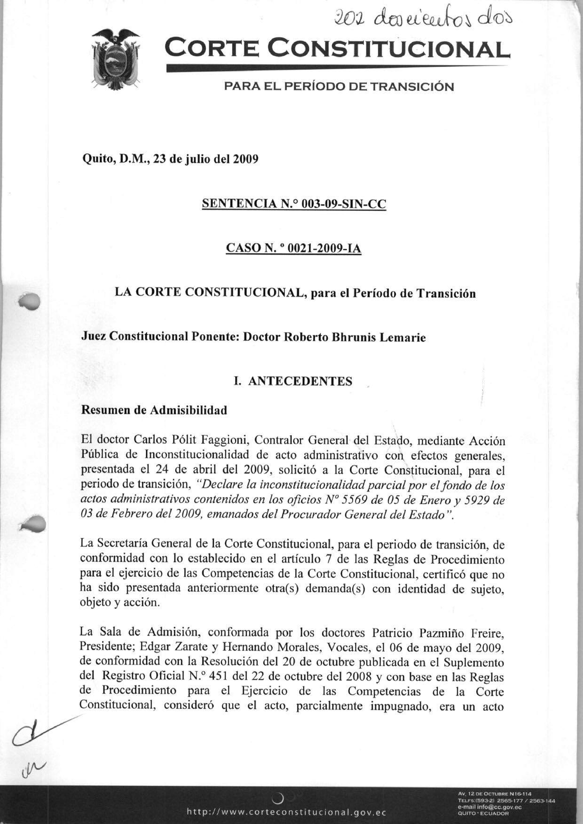 003 09 SIS CC - Sentencia -^ V ####### Corte Constitucional PARA EL ...