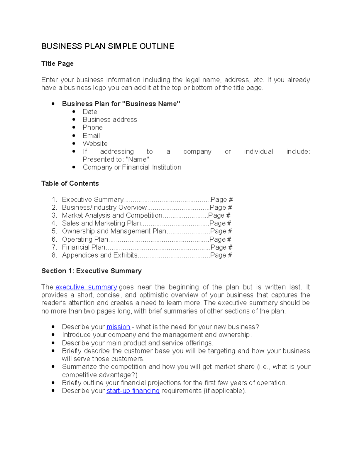 Business PLAN Simple Outline - BUSINESS PLAN SIMPLE OUTLINE Title Page ...