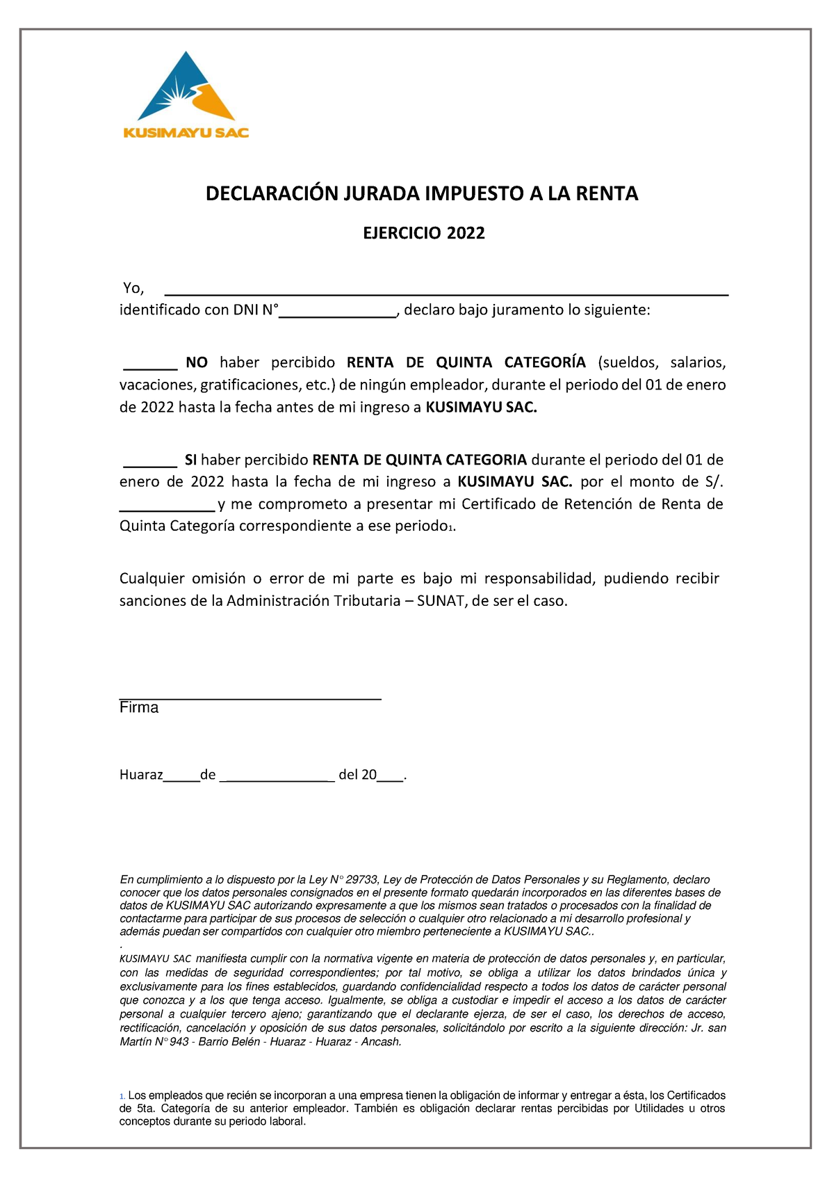 005 Declaración Jurada Impuesto A LA Renta 5TA - DECLARACI”N JURADA ...