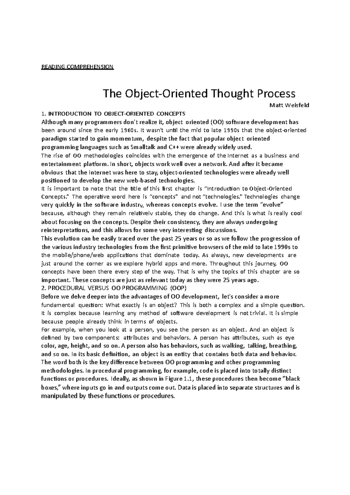 OOP-Reading Comprehension- 1 - READING COMPREHENSION The Object ...