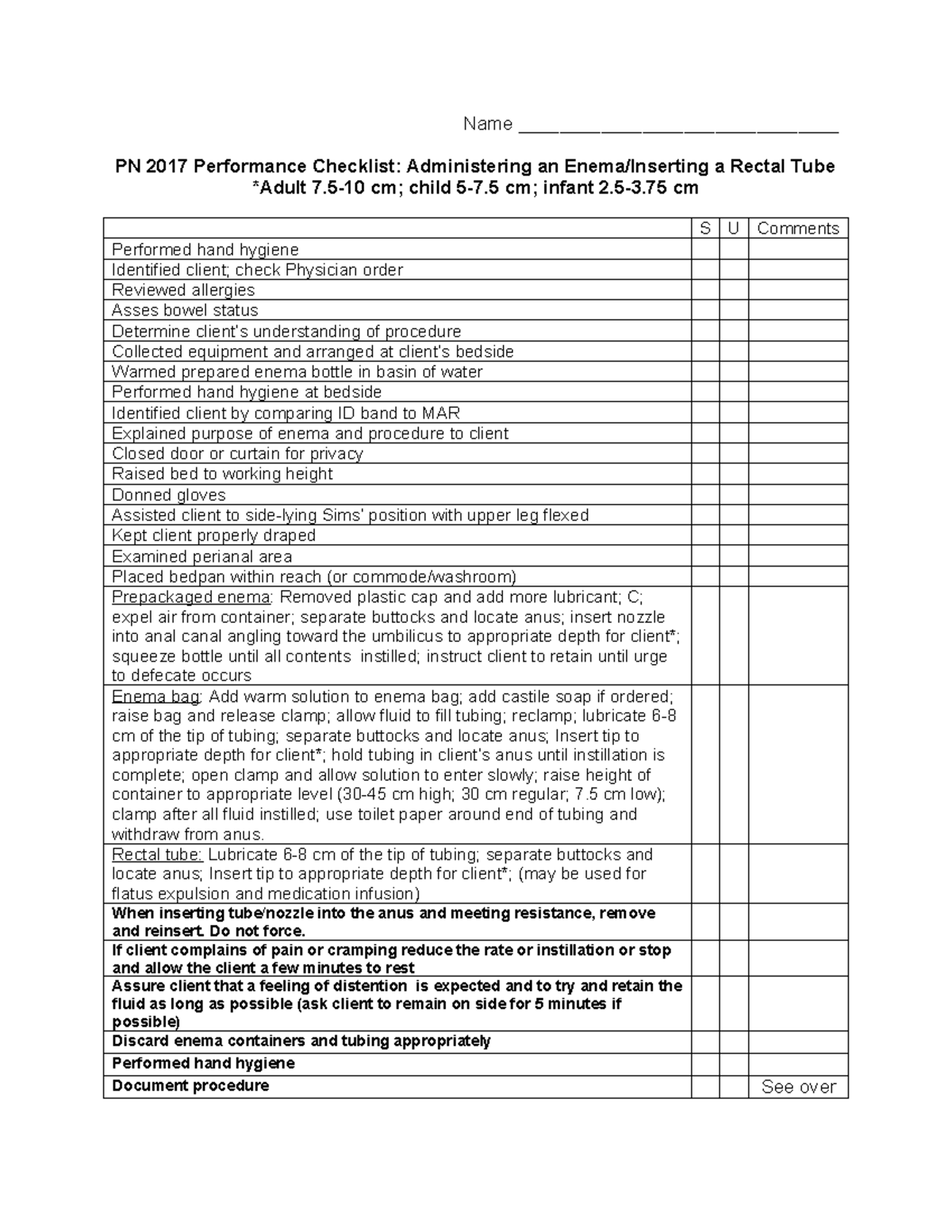 Instillation of an Enema & Insertion of a Rectal Tube Checklist - Name ...
