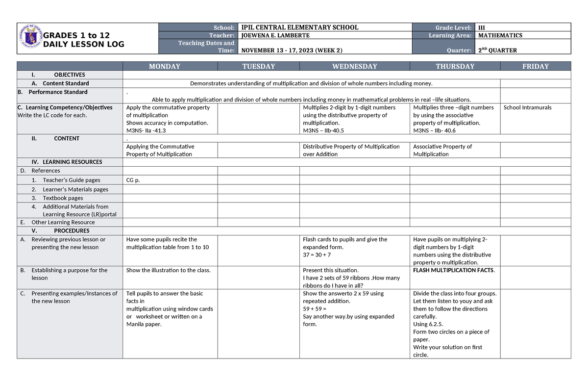 DLL Mathematics 3 Q2 W2 - Math DLL - GRADES 1 to 12 DAILY LESSON LOG ...