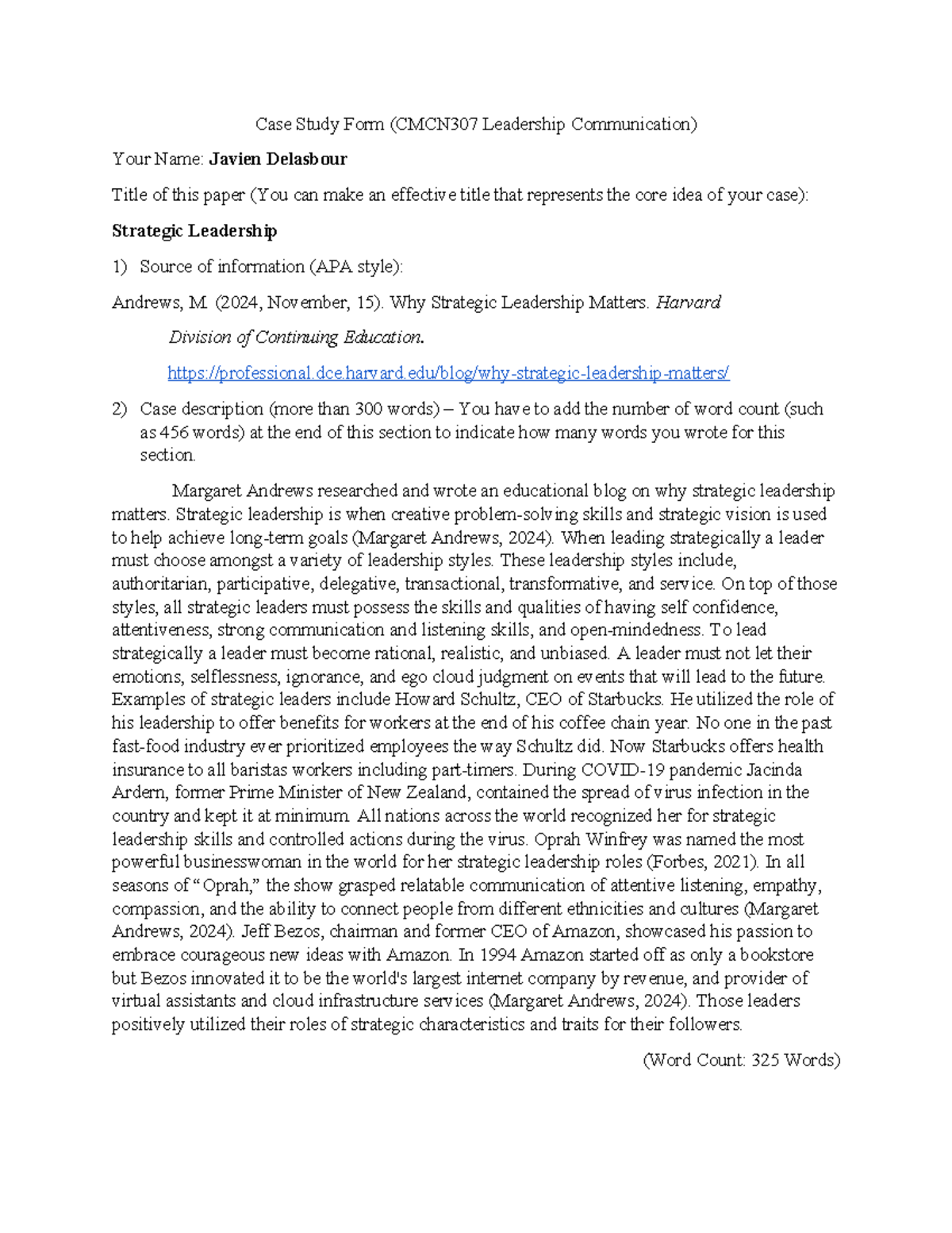 Case Study 11 - Strategic Leadership - Case Study Form (CMCN307 ...