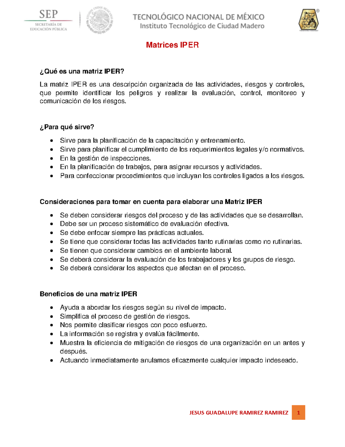 Matrices IPER del mantenimiento - JESUS GUADALUPE RAMIREZ RAMIREZ 1 ...