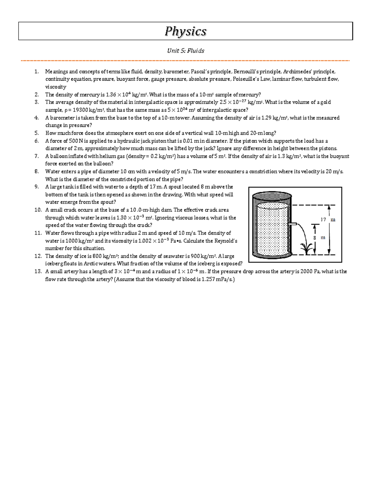 Physics Unit 05 Review (2018 ) Physics Unit 5 Fluids Meanings and
