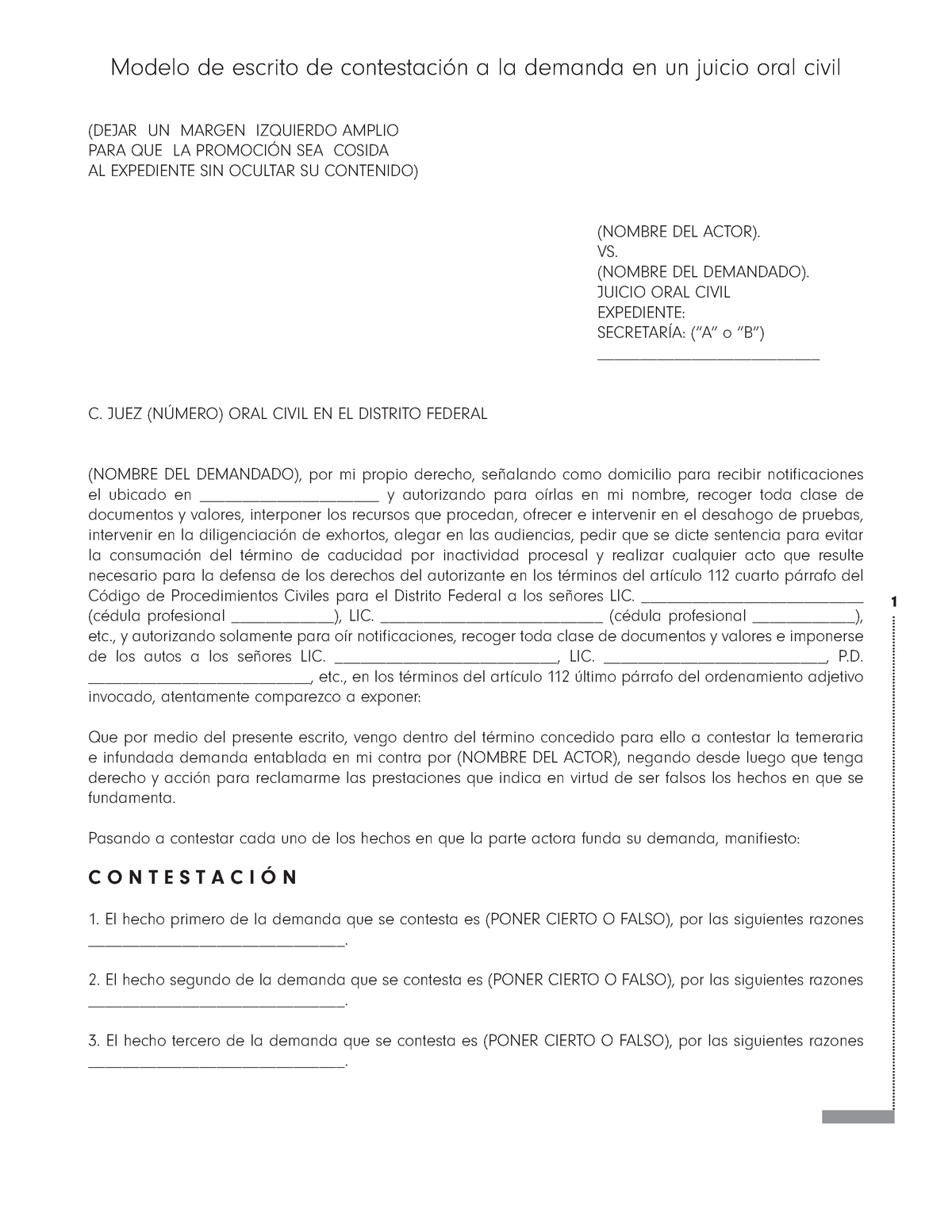 Mod 121 Contestación DE Demanda Juicio ORAL Civil - 1 Modelo de escrito de  contestación a la demanda - Studocu