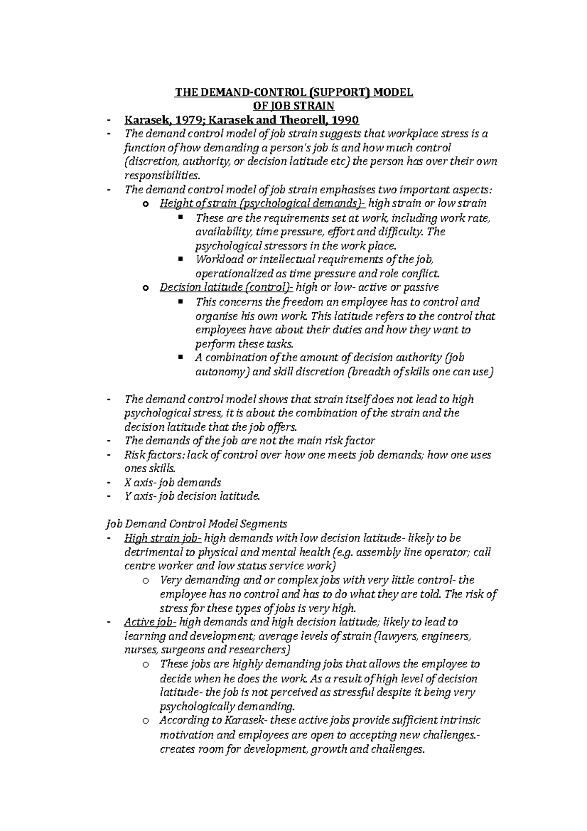 Work related stress theories - THE DEMAND-CONTROL (SUPPORT) MODEL OF ...