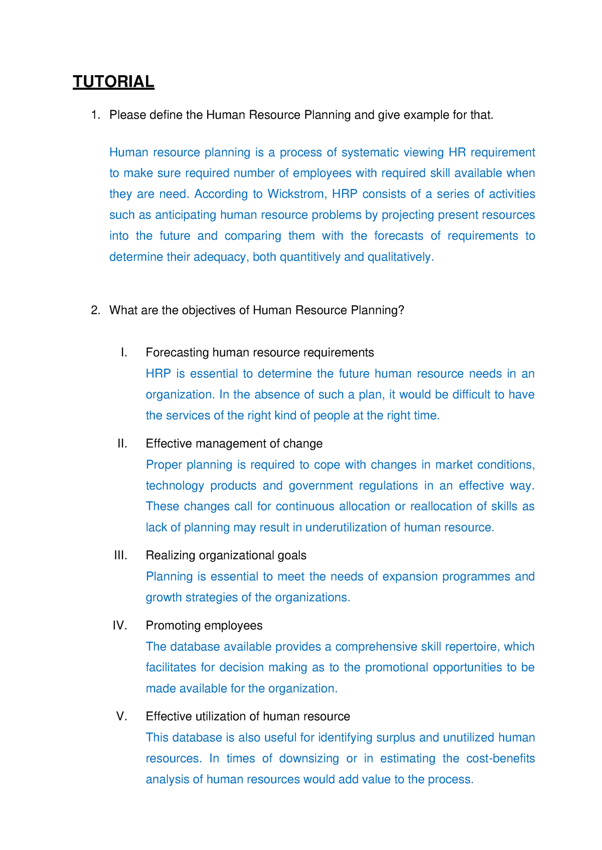 human resource planning assignment questions