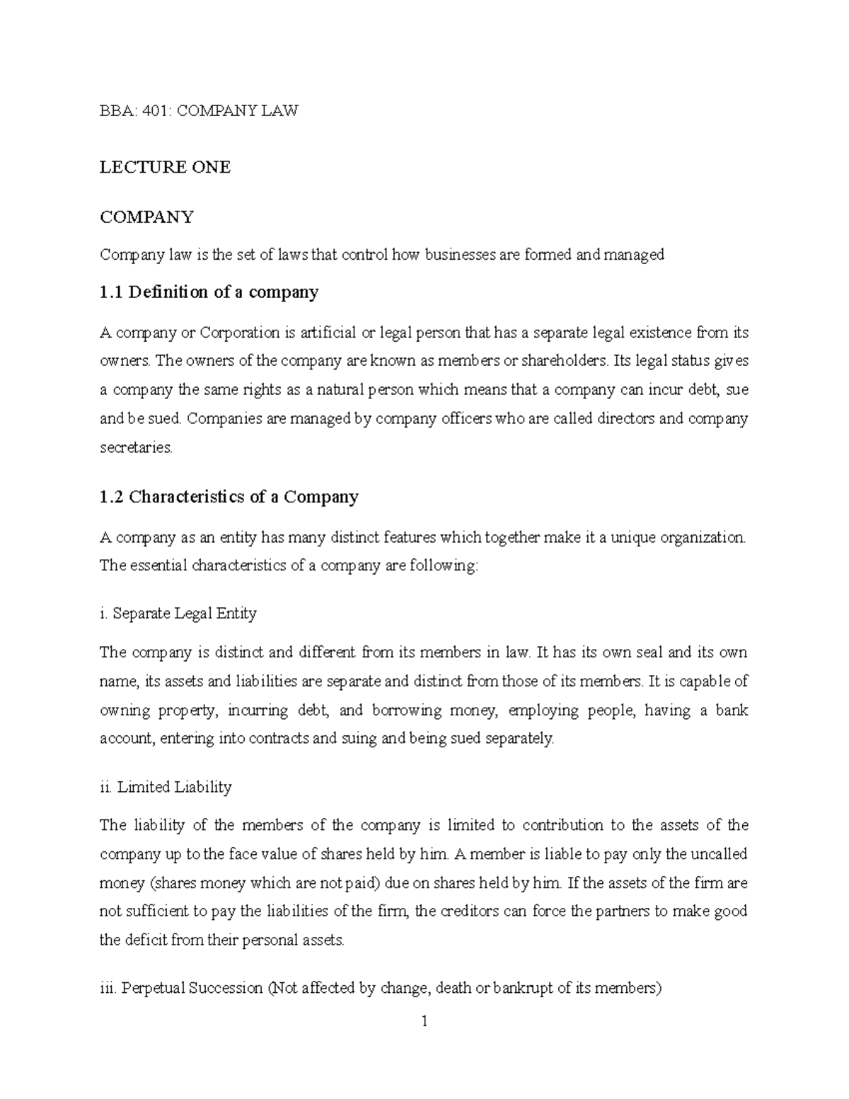 BBA 401 Notes - BBA: 401: COMPANY LAW LECTURE ONE COMPANY Company law ...