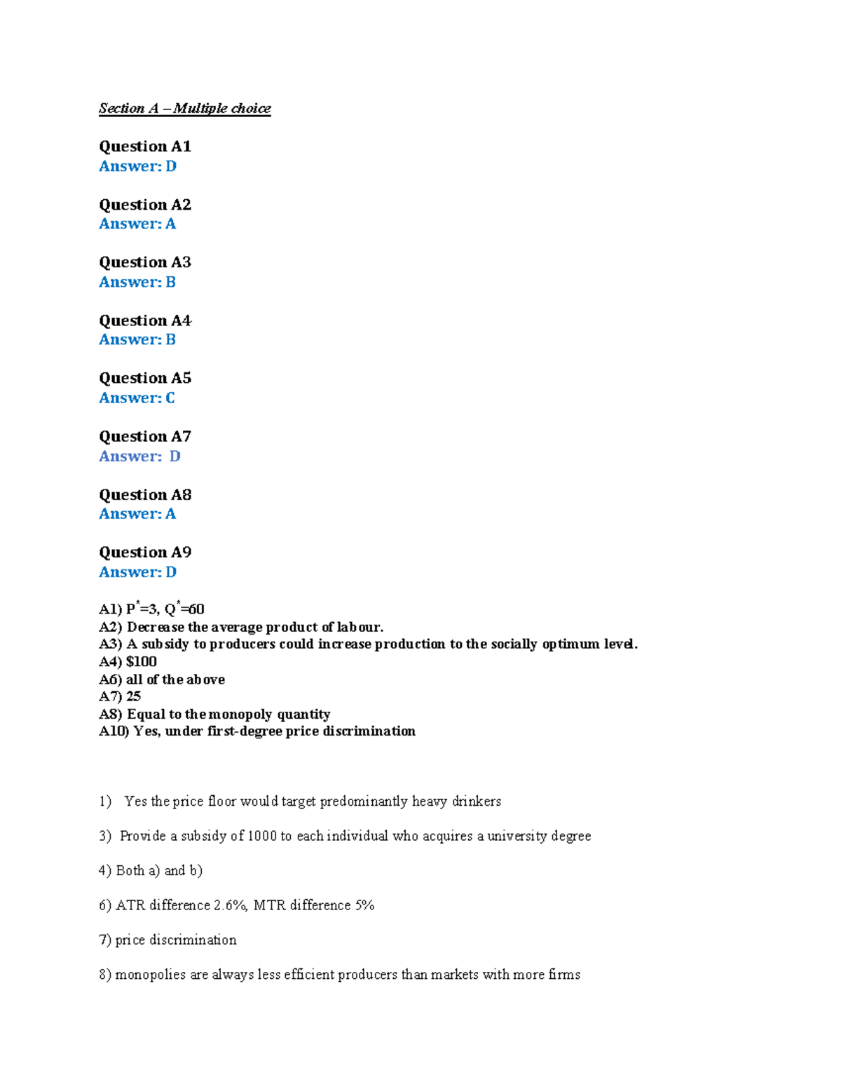 Past Exam Solutions - 2023 - Section A – Multiple Choice Question A ...