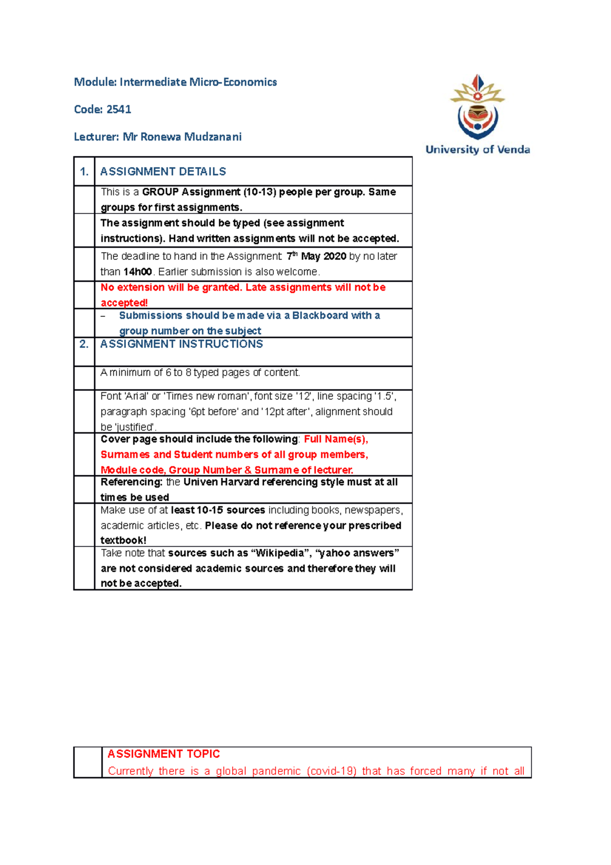 ECO2541 Assignment 3 - Module: Intermediate Micro-Economics Code: 2541 ...