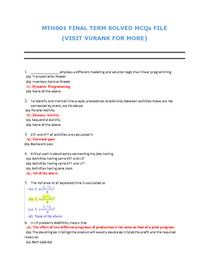 MTH601 Solved MCQs Final TERM BY Junaid - MTH601-Operational Research ...