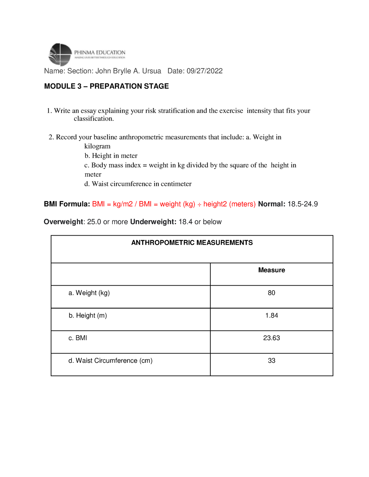 Anthropometric Measurement - Name: Section: John Brylle A. Ursua Date 