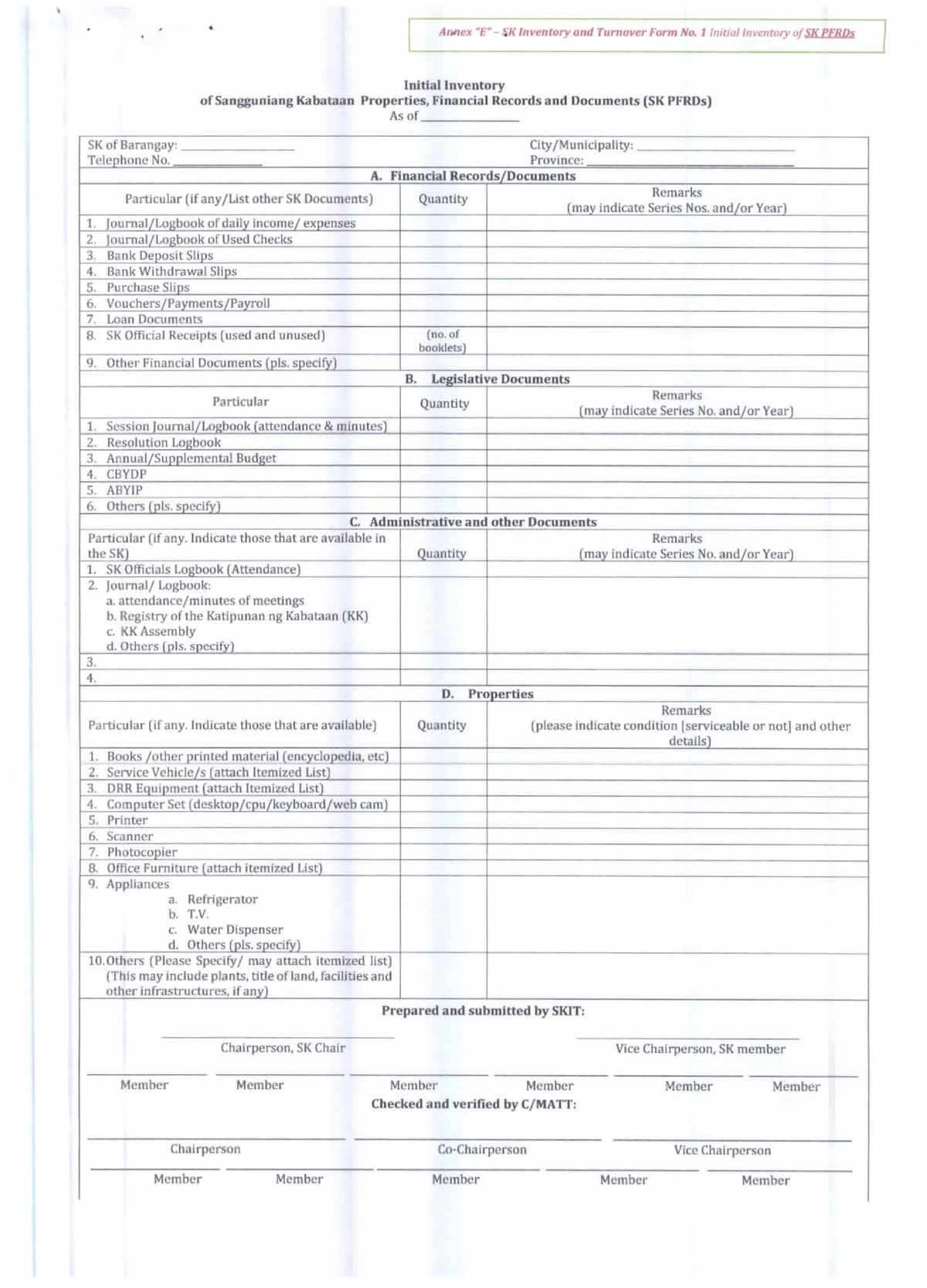 Sk Inventory And Turn Over Form 1 - Civil Engineering - Studocu