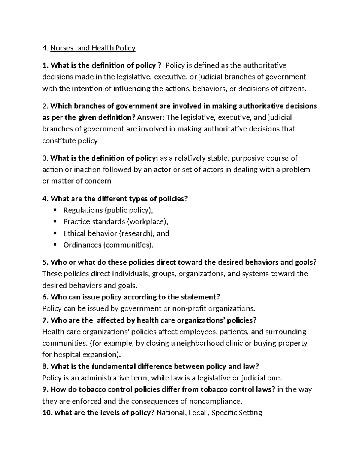 Chaper 4 - Nurses and Health Policy - Nurses and Health Policy What is ...
